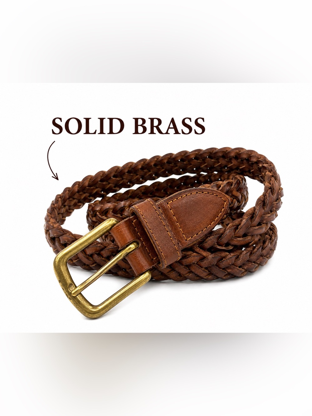 Vintage Genuine Leather Braided Belt Solid Brass Buckle Brown Size S